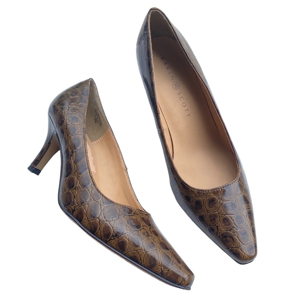 Karen Scott Clancy Croc patent faux leather brown heels womens shoes size 6